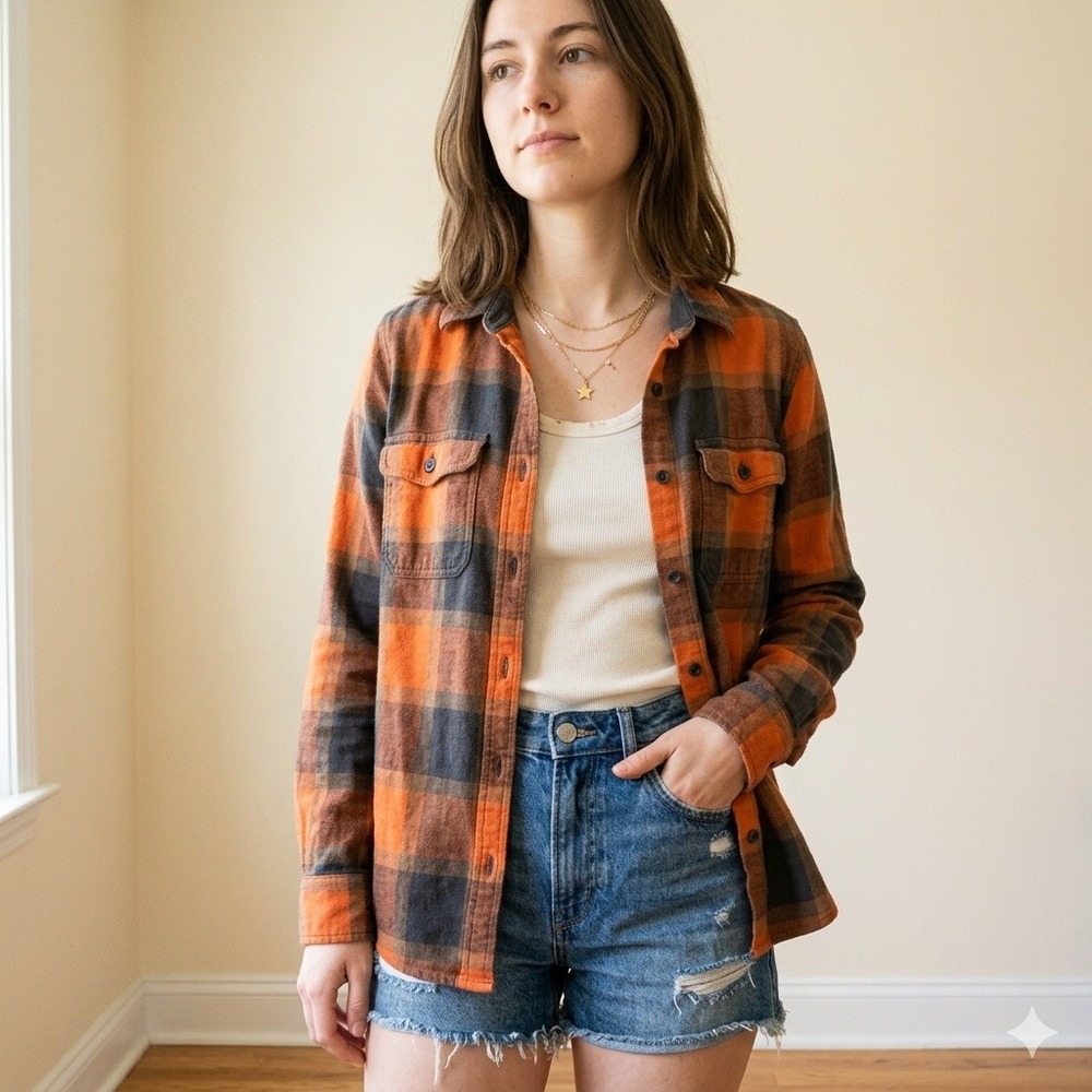 Old Navy Taylor Swift Evermore The Boyfriend‎ Shirt Womens Medium Orange Flannel